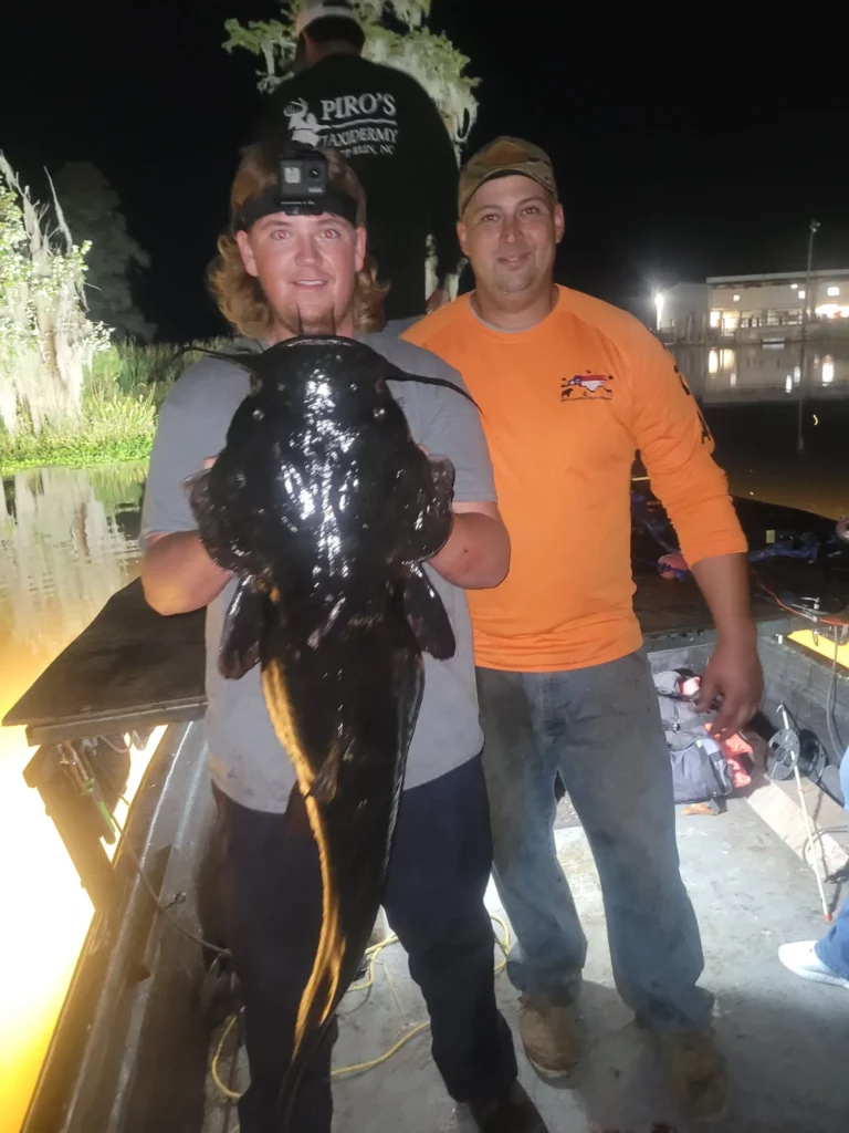 Bowfishing catch illuminated under the boat lights at night